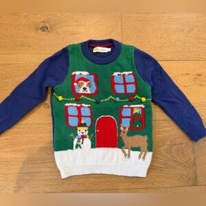 Mini Boden Green and Blue Holiday Crewneck Sweater - size 2-3